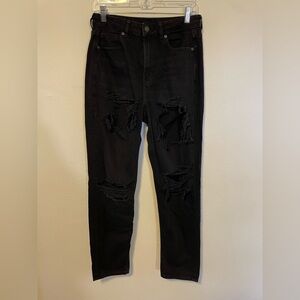 American Eagle Faded Black Distressed Ripped High Rise Mom Jeans